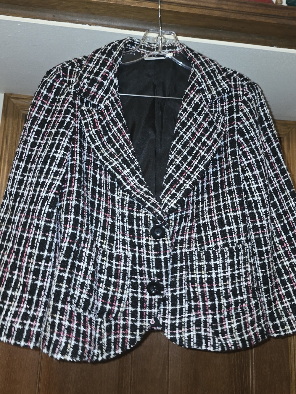 Women's Tweed Blazer Jacket Size Large Black White Pink Lined Career EUC